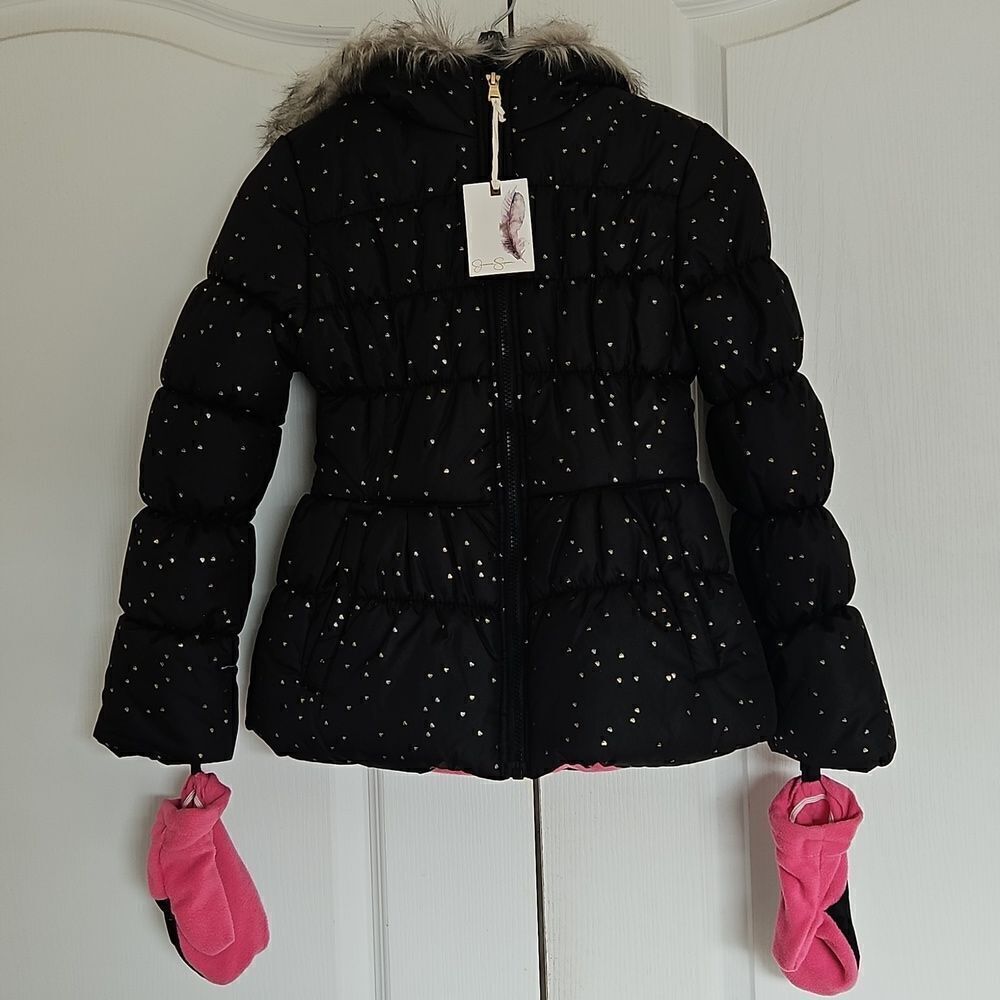 Jessica Simpson Girls Puffy Winter Coat With Faux Fur Hood & Mittens 10/12 Black